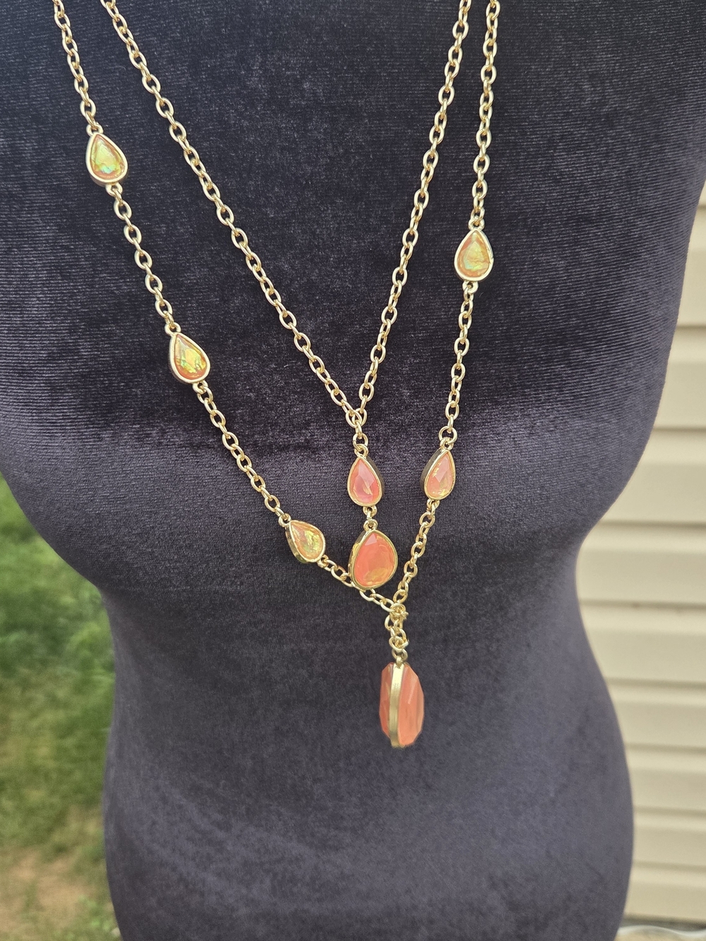 Gold-Tone Layered Necklace with Coral Teardrop Stones